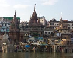 Varanasi ghats viewed from the Ganges River in October 2014