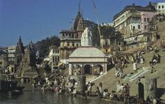 Historic view of Manikarnika Ghat in Varanasi, India, 1961