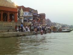 The Ganges River flowing through Varanasi with Ghats in view