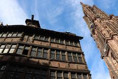 Panoramic view of Strasbourg cityscape with prominent historical buildings and a river