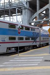 Music City Star train at Nashville Riverfront station under Shelby Street Bridge