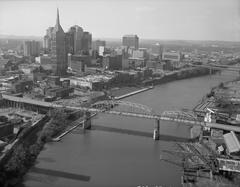 Aerial view of Shelby Street Bridge spanning the Cumberland River in Nashville, Tennessee, looking north