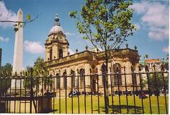 View of Birmingham Cathedral from the southeast with Baroque architecture, an obelisk, and churchyard