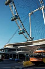 a glass and steel pedestrian bridge with a curved design in an urban setting