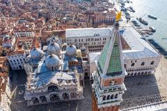 View over St. Mark's Square with St. Mark's Campanile in the foreground, August 2020