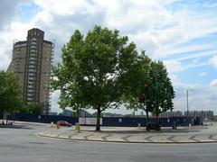 Heron Quays Roundabout at Canary Wharf with decorative traffic lights