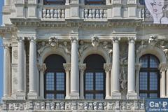 Detail of Ca' Pesaro facade with Sonnabend Collection exhibition poster