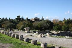 Ruins of the Middle Stoa in the Ancient Agora of Athens with Theseion in the background