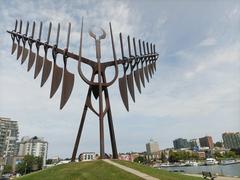 Spirit Catcher sculpture with downtown Barrie in the background