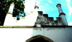 Looking up at a gateway in the garden of Strawberry Hill House