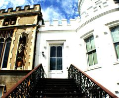 Looking up the stairs to a door at the back of Strawberry Hill House