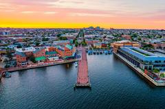 Fell's Point waterfront aerial view at sunset, June 2022