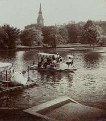 Swan boats on a lake in Boston Public Garden, with a church steeple in the background