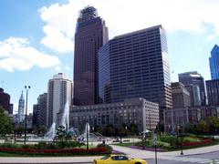 Philadelphia cityscape from Logan Square featuring Four Seasons Hotel and Logan Circle