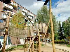 Wooden climbing and play equipment at Grasbrookpark playground