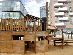 wooden climbing and play equipment at Grasbrookpark playground