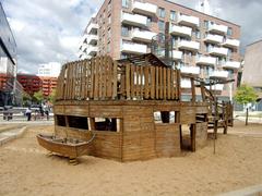 wooden climbing and play equipment in Grasbrookpark playground