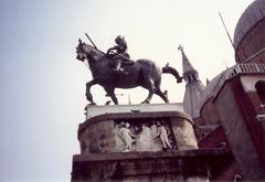 Statue of a horse and rider in front of Basilica of Saint Anthony of Padua