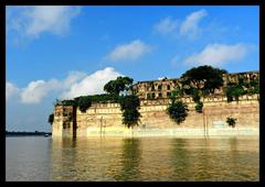 Aerial view of Allahabad with the Triveni Sangam in the distance