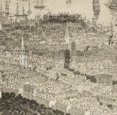 1850 Bird's-Eye View of Boston by John Bachmann showcasing Federal Street Church and landmarks