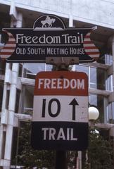 1974 Freedom Trail sign in Boston pointing to Old South Meeting House