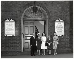 Mark Bortman, Mary Collins, Llora Bortman, and two unidentified women outside the Old South Meeting House