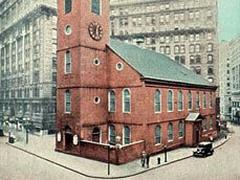 Colorized archival image of Old South Meeting House with tall steeple and arched windows