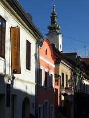 Ariel view of Zagreb cityscape with historic buildings and distant mountains