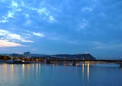 Budapest Petőfi Bridge and Danube River at sundown