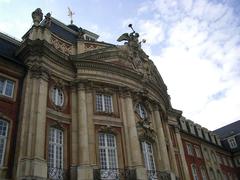 architectural details and sculptures above the main entrance of the prince-bishop's residence castle in Münster, Westphalia, Germany