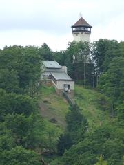 Top station of Diana funicular in Karlovy Vary with lookout tower