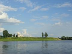 Rurikovo ancient settlement in Russia with a wooden bridge and remnants of old structures