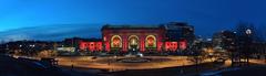 Union Station in Kansas City illuminated in Chiefs red during the 2022 playoffs