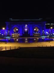 Union Station illuminated in blue lights for the World Series