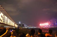 National Day fireworks in Victoria Harbour, Hong Kong, viewed from West Kowloon Waterfront Promenade