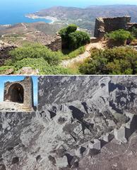 Castell de Sant Salvador, aerial view of castle ruins with El Port de la Selva in the background