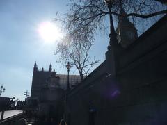 Victoria Embankment in Westminster, London, with view towards the Houses of Parliament and Clock Tower