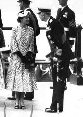 Queen Elizabeth II meeting King Gustaf VI Adolf of Sweden at Westminster Millennium Pier in June 1954