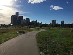 Detroit Riverwalk in Milliken State Park with downtown Detroit in the background