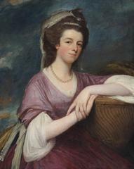 Half-length portrait of a seated woman in a mauve dress with white sleeves, resting her arm on an urn