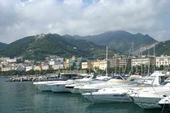 Scenic view of the Amalfi Coast with clear blue sea and green cliffs