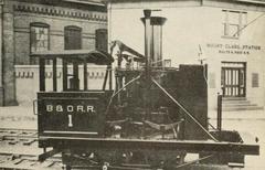 Photograph of the John Hancock and John Quincy Adams locomotives, the oldest complete American-built locomotives, restored for exhibition at the National Museum.