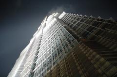 Base of Jin Mao Tower at night in Shanghai