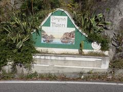 Welcome sign Benvenuti a Maiori at the eastern entrance of Maiori on the Amalfi Coast