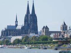 Telephoto of Cologne Cathedral, St. Kunibert Church, and Bastei Restaurant