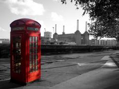 London phone booth in front of Battersea Power Station