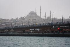 Bosphorus strait with a ferry and Istanbul skyline