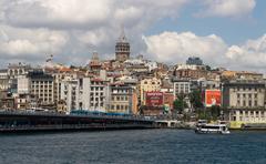 view of the Galata Bridge in Istanbul with fishermen and cityscape in the background