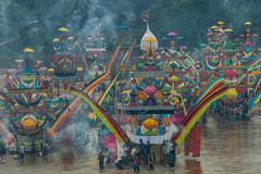 Bagandung boat festival with decorated canoes in Indonesia