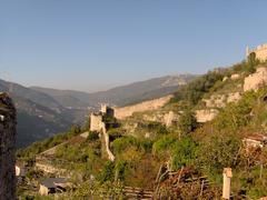 Castle S. Nicola de Thoro Plano in Maiori, Italy, overlooking Tramonti valley and Monte Sant'Angelo di Cava in Monti Lattari